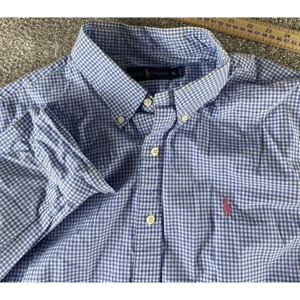 Polo Ralph Lauren Blue/White Gingham Check Shirt Pink Pony Mens XL Preppy Cotton